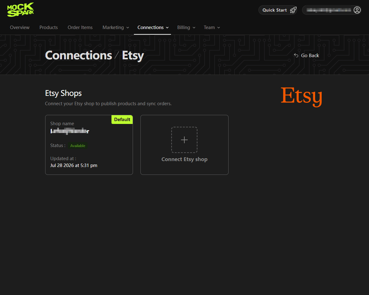 A connected Etsy shop in Mockspark, showing shop name and status