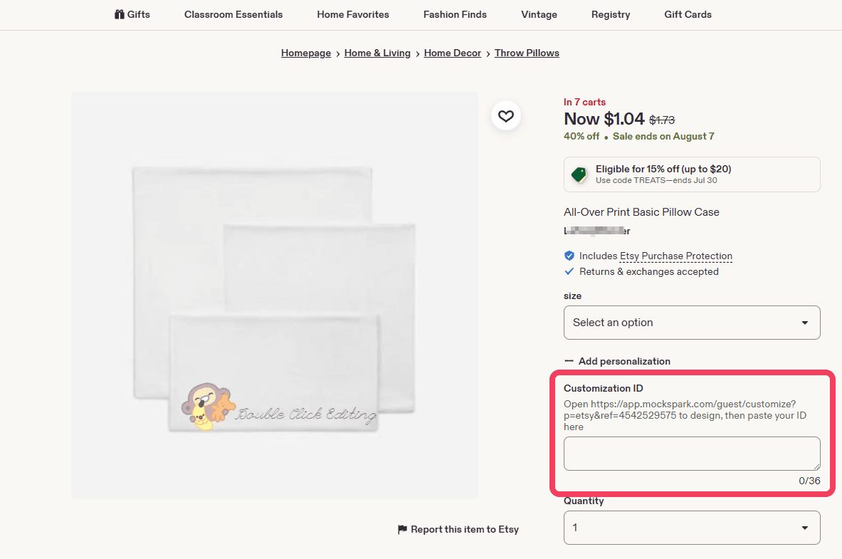 An Etsy listing showing the Customization ID personalization field