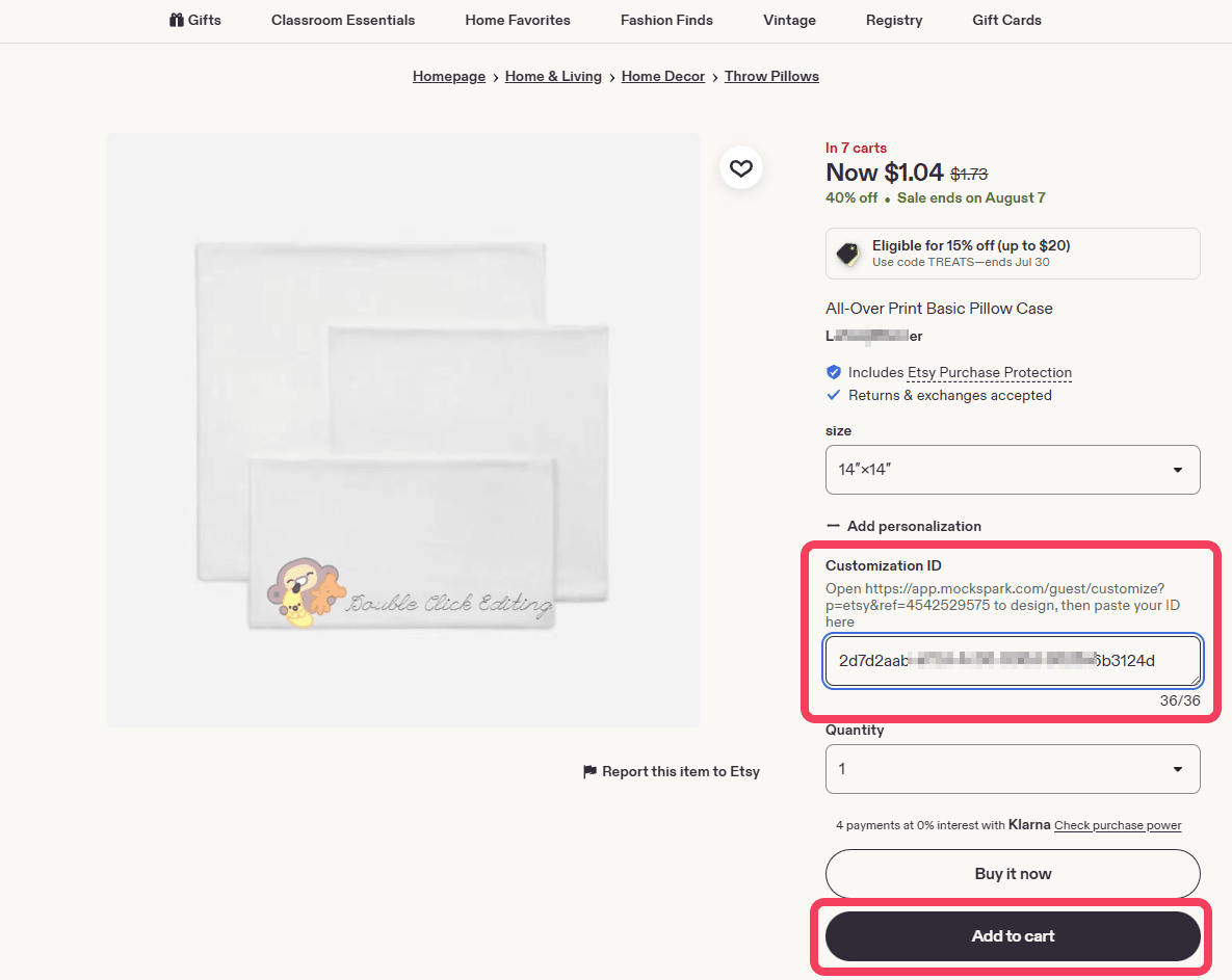 An Etsy listing with the Customization ID filled in before checkout