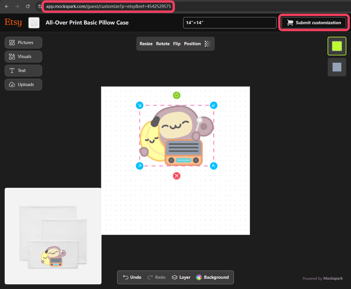 The Mockspark buyer designer with a live product preview