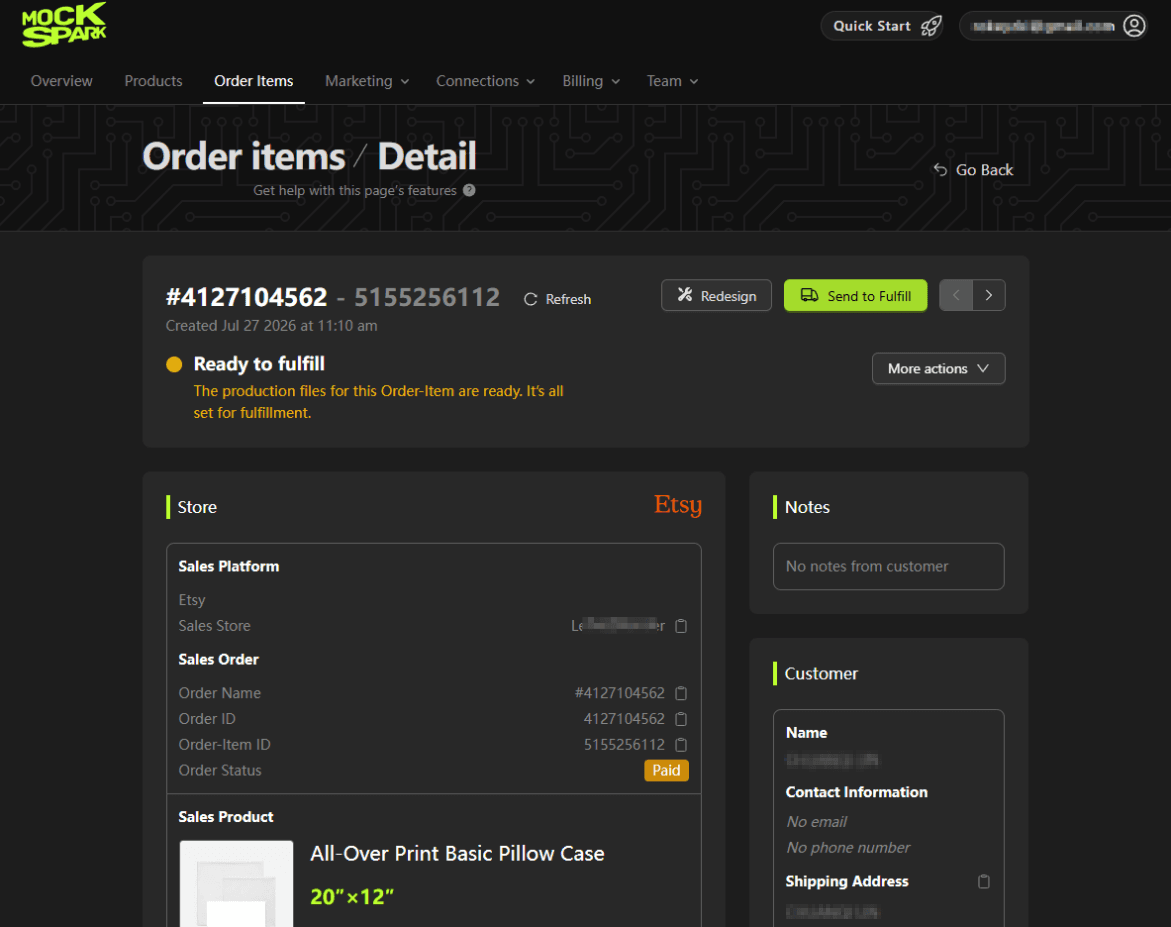 An Etsy order in Mockspark, ready to be sent to the print provider