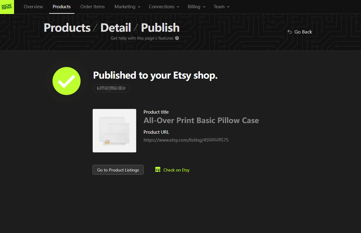 Publish confirmation in Mockspark showing the new Etsy listing URL